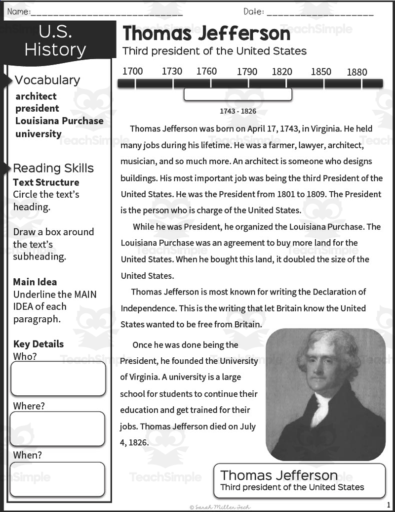 Nonfiction Reading Packet Thomas Jefferson Worksheets Library