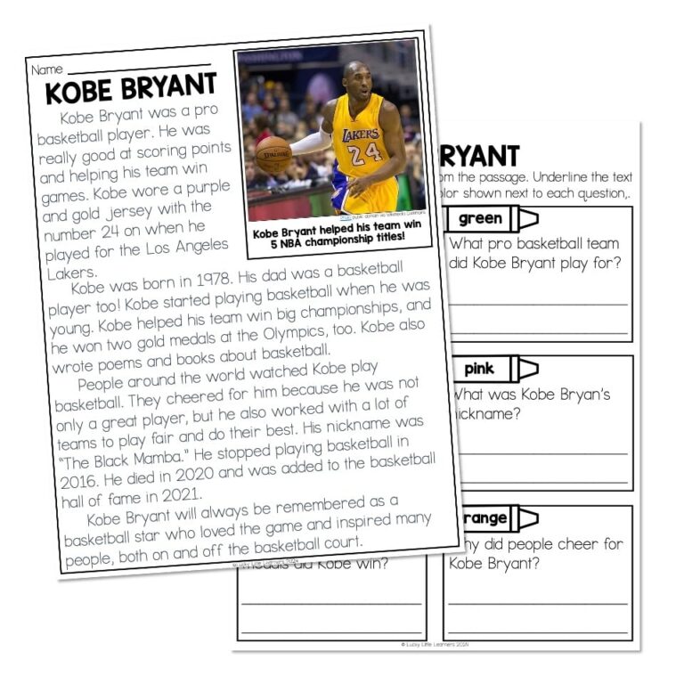 Nonfiction Reading Passage Biography Kobe Bryant Lucky Little Learners