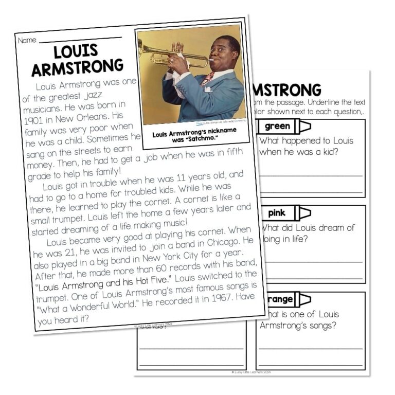 Nonfiction Reading Passage Biography Louis Armstrong Lucky Little Learners