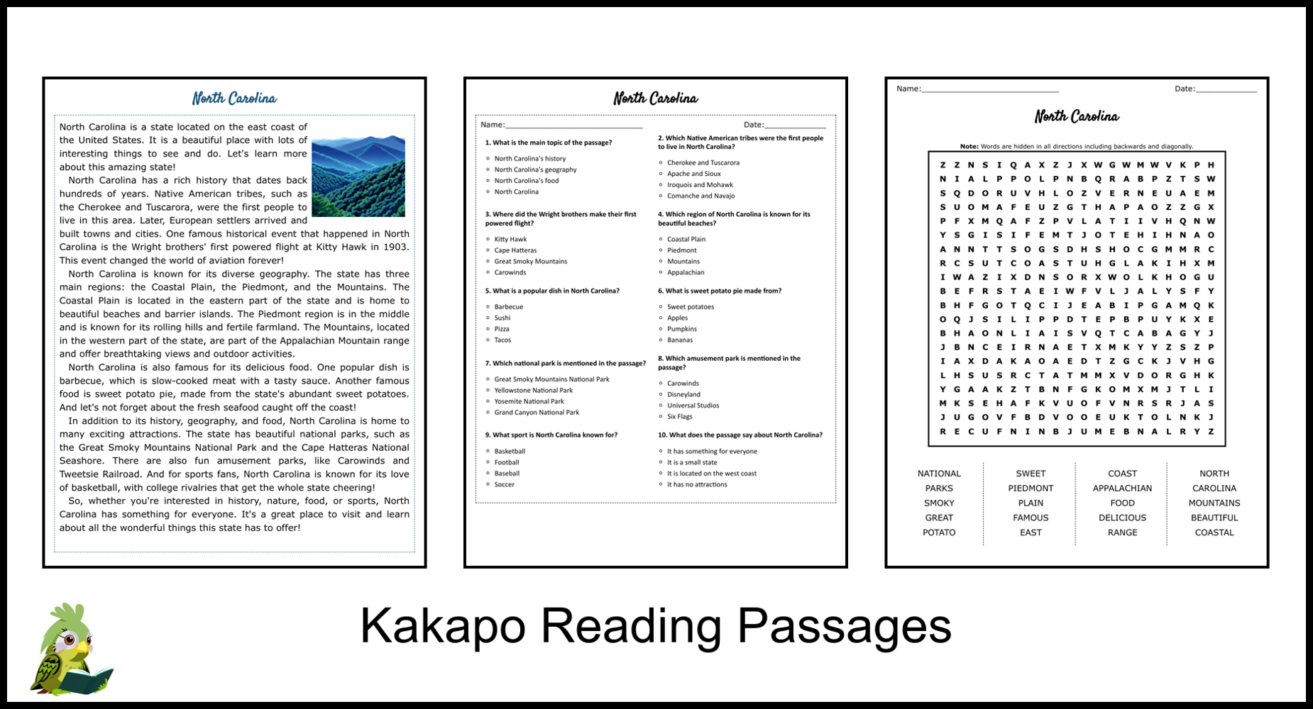North Carolina Reading Comprehension And Word Search Teaching 