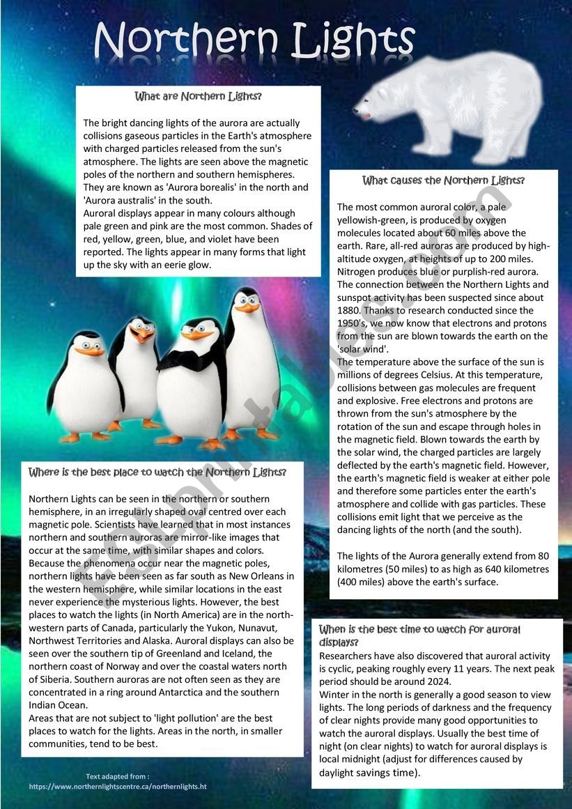 Northern Lights Reading Comprehension Part 2 ESL Worksheet By Cariboo