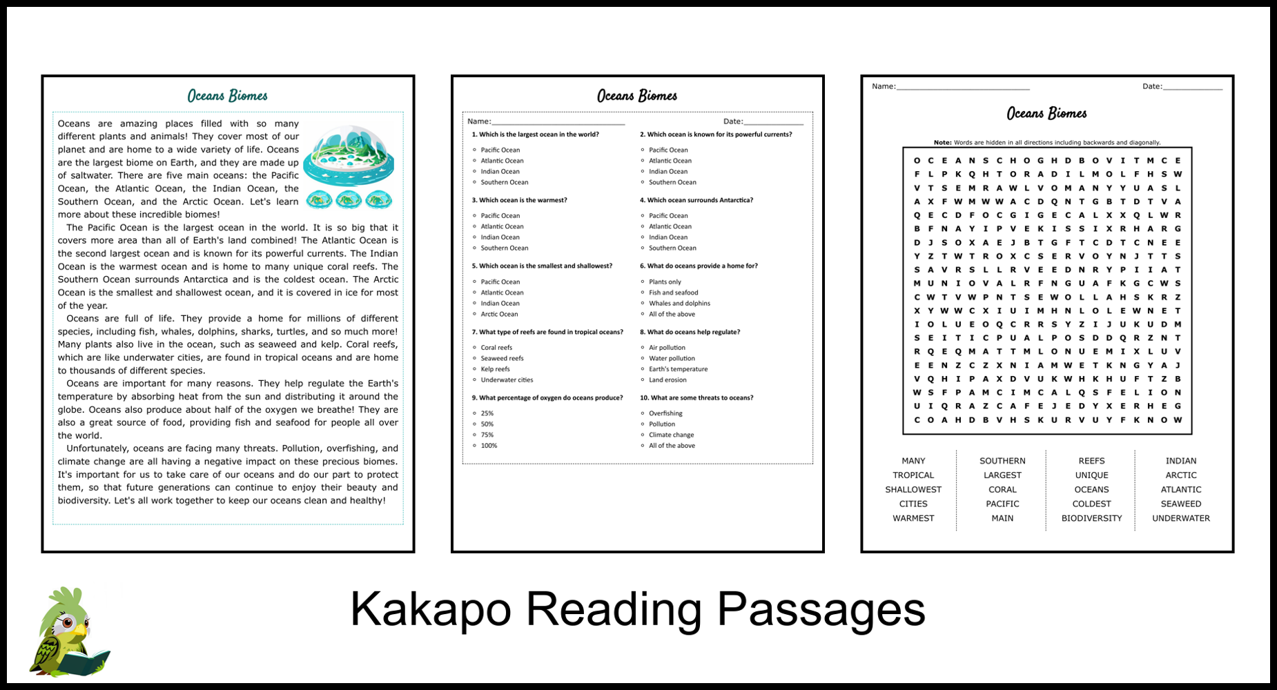 Oceans Biomes Reading Comprehension And Word Search Teaching Resources