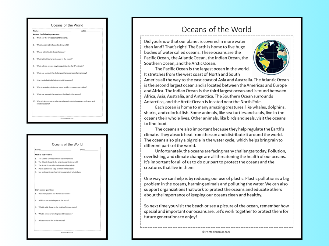 Oceans Of The World Reading Comprehension Passage Printable Worksheet Teaching Resources