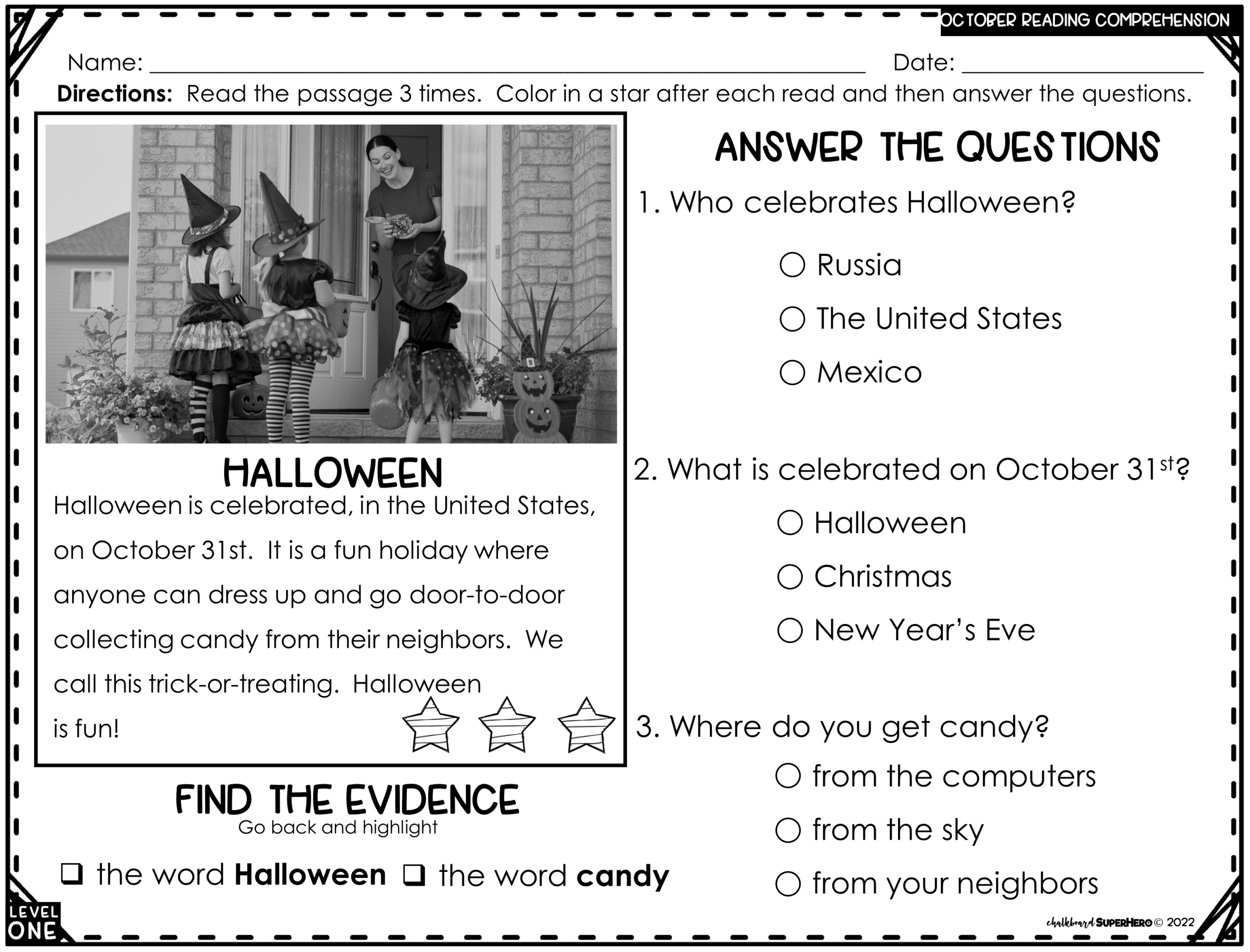 October Reading Comprehension Answering WH Questions 3 LEVELS REAL IMAGES Chalkboard Superhero