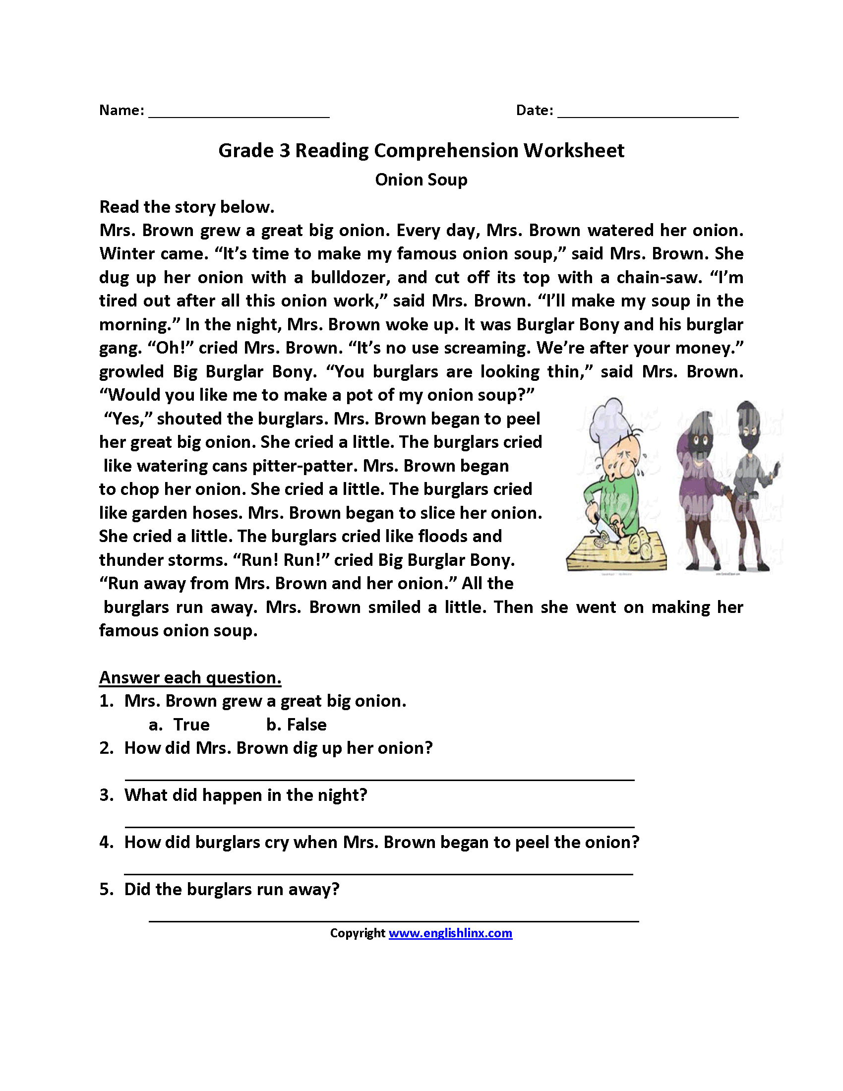 Onion Soup Third Grade Reading Worksheets Reading Comprehension Worksheets Library