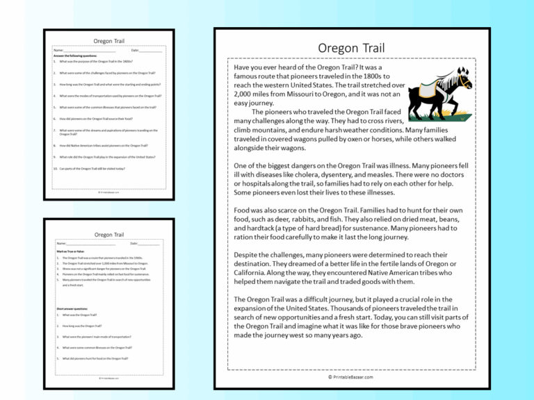 Oregon Trail Reading Comprehension Passage Printable Worksheet 