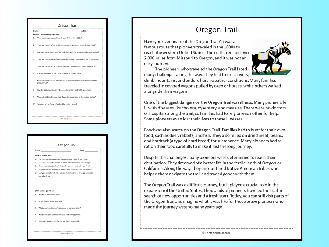 Oregon Trail Reading Comprehension Passage Printable Worksheet 