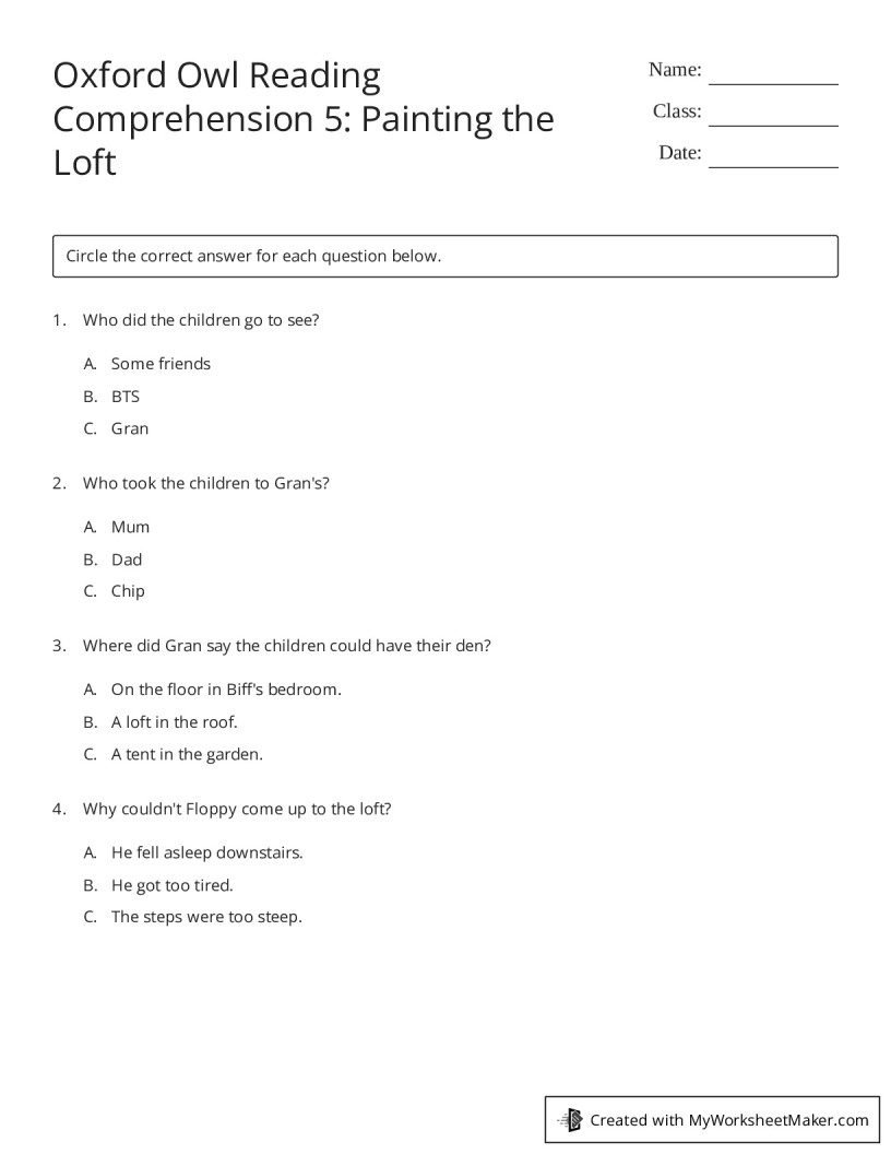 Oxford Owl Reading Comprehension 5 Painting The Loft My Worksheet Maker Create Your Own Worksheets