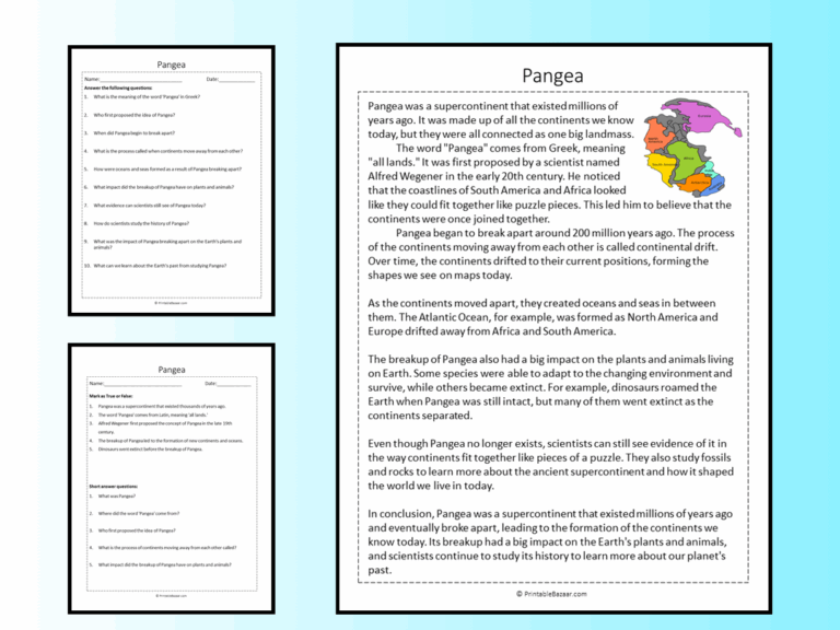 Pangea Reading Comprehension Passage Printable Worksheet Teaching Resources