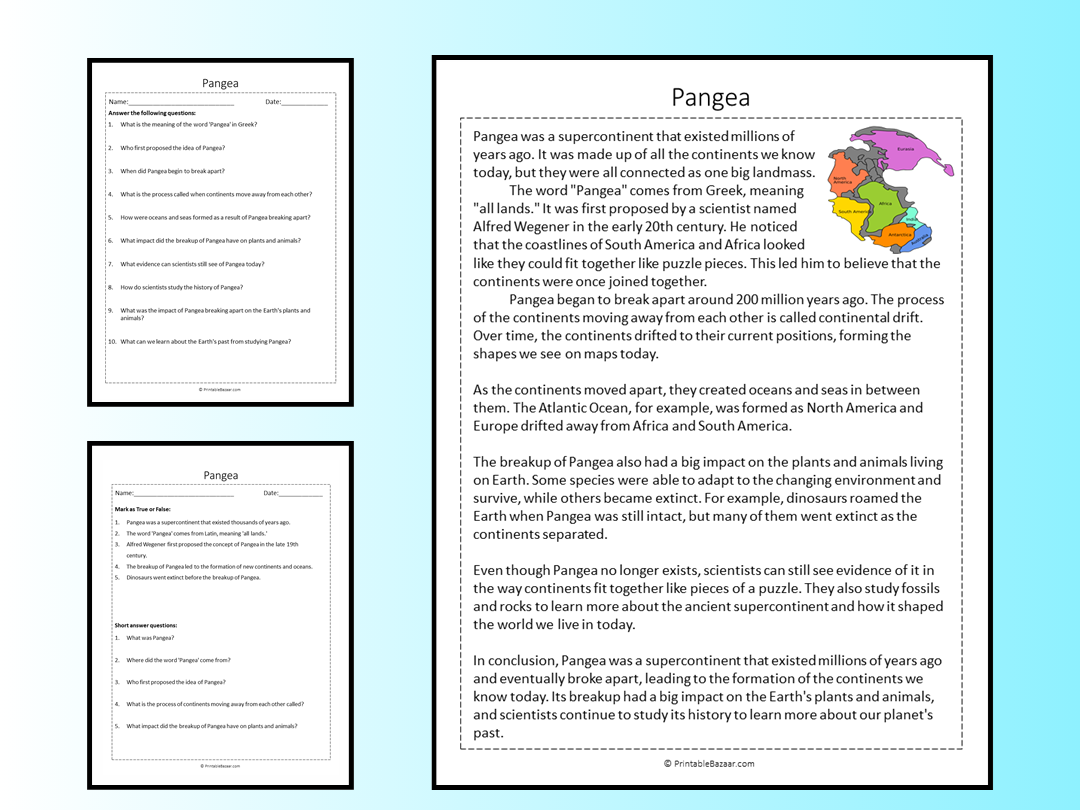 Pangea Reading Comprehension Passage Printable Worksheet Teaching Resources
