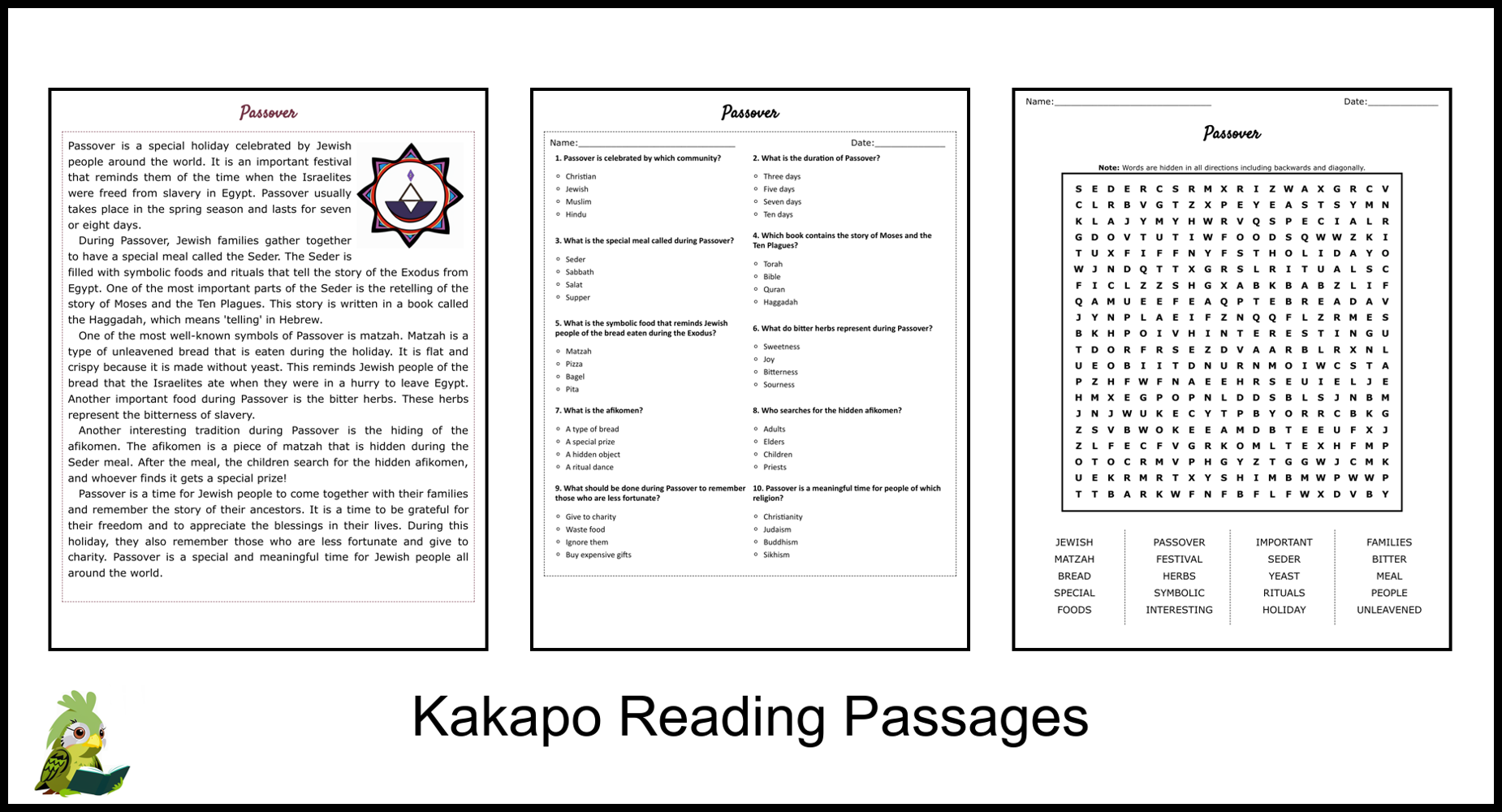 Passover Reading Comprehension And Word Search Teaching Resources