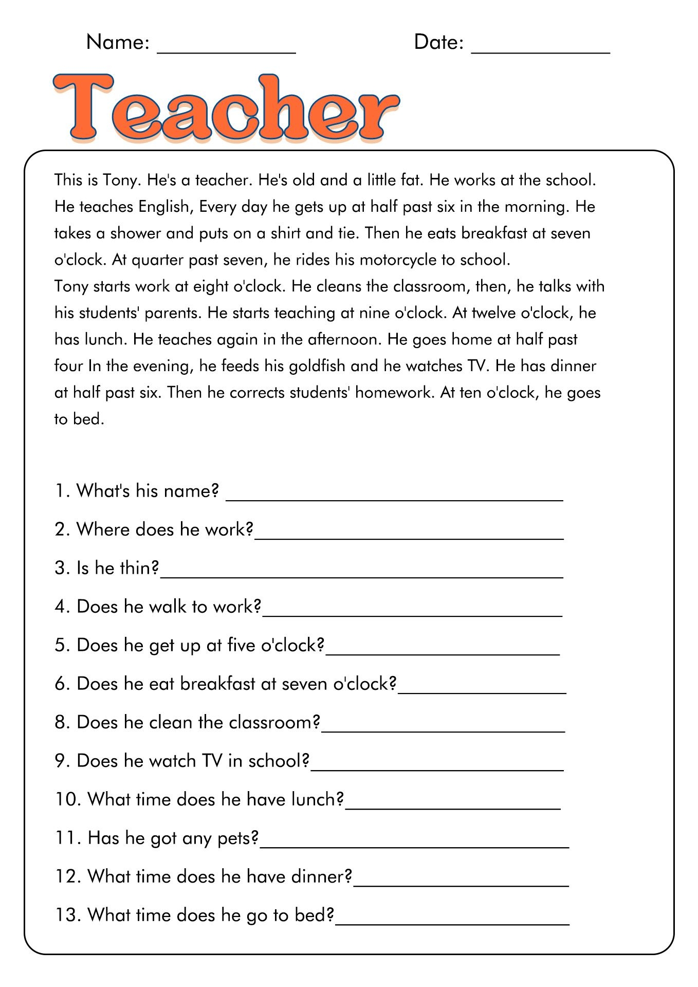 Past Simple ESL Reading Comprehension Questions Worksheet 