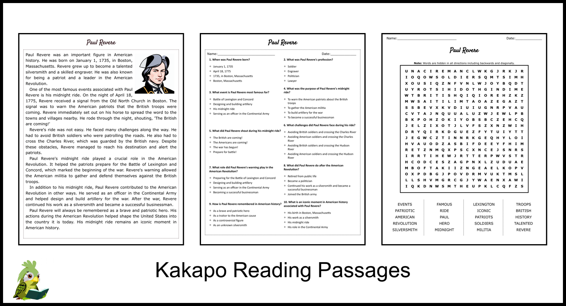 Paul Revere Reading Comprehension And Word Search Teaching Resources