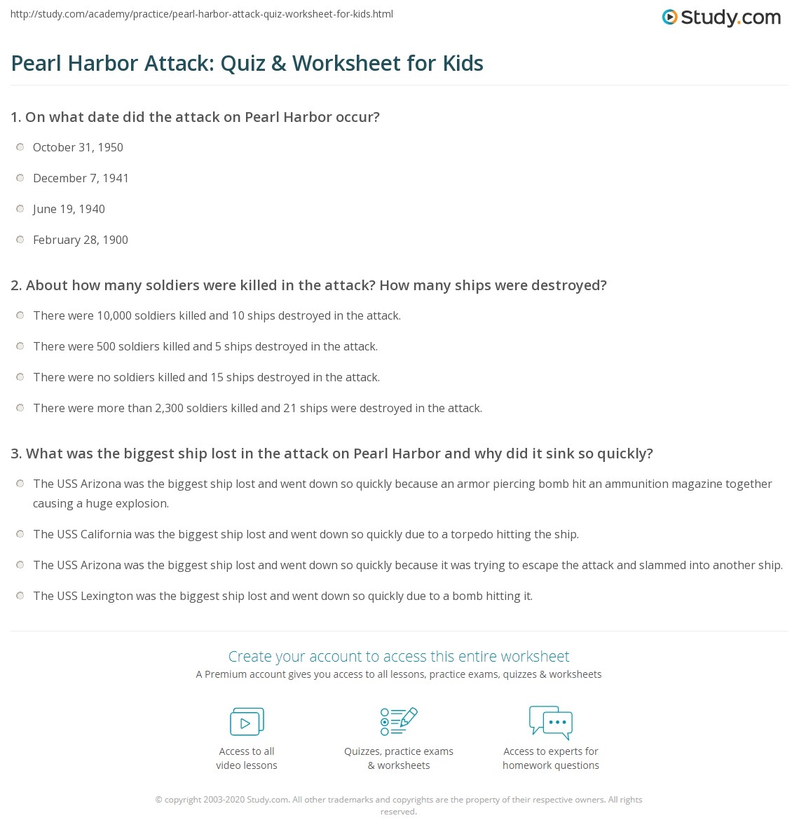 Pearl Harbor Day Reading Comprehension Worksheets
