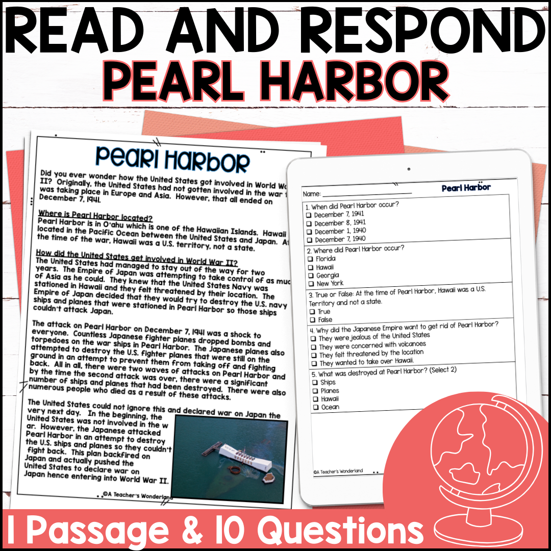 Pearl Harbor Reading Passage Comprehension Questions History Centers A Teacher s Wonderland