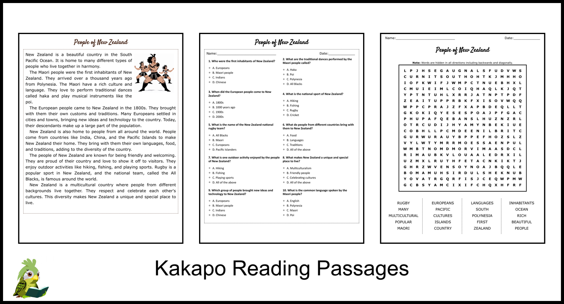 People Of New Zealand Reading Comprehension And Word Search 