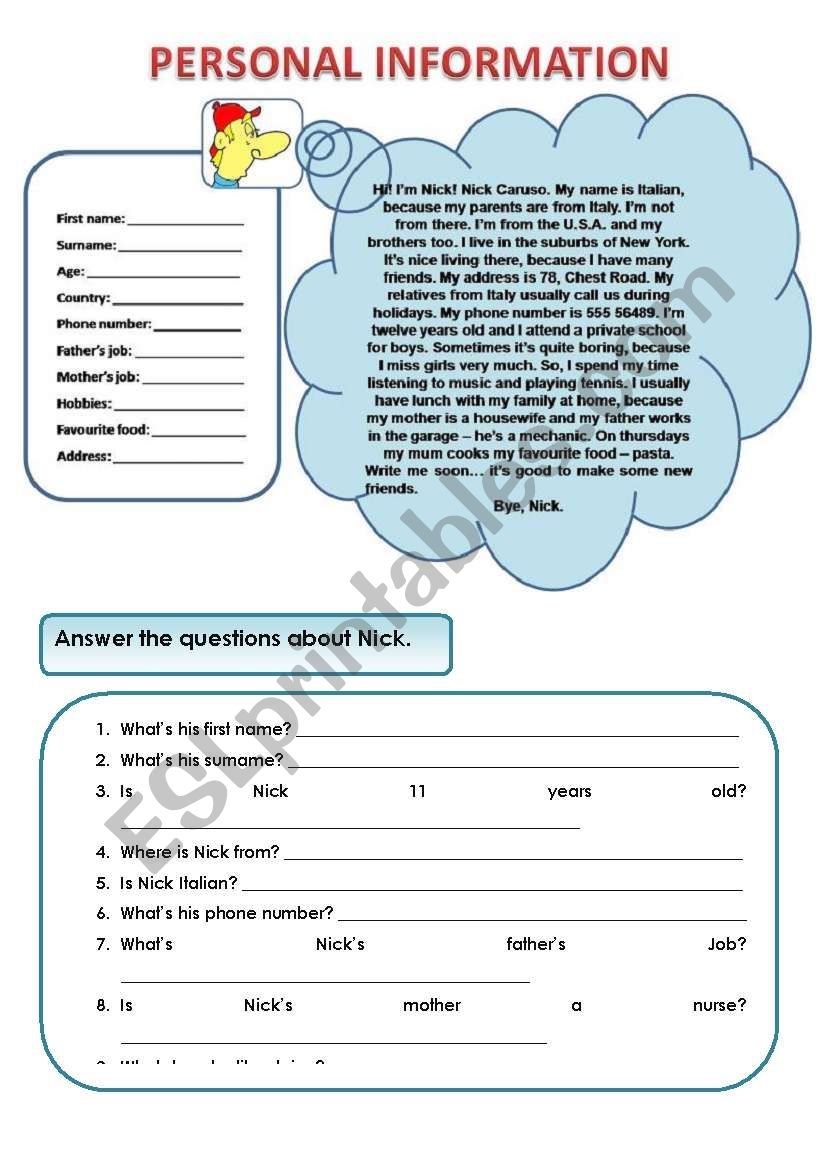 PERSONAL INFORMATION READING AND COMPREHENSION ESL Worksheet By Evelinamaria