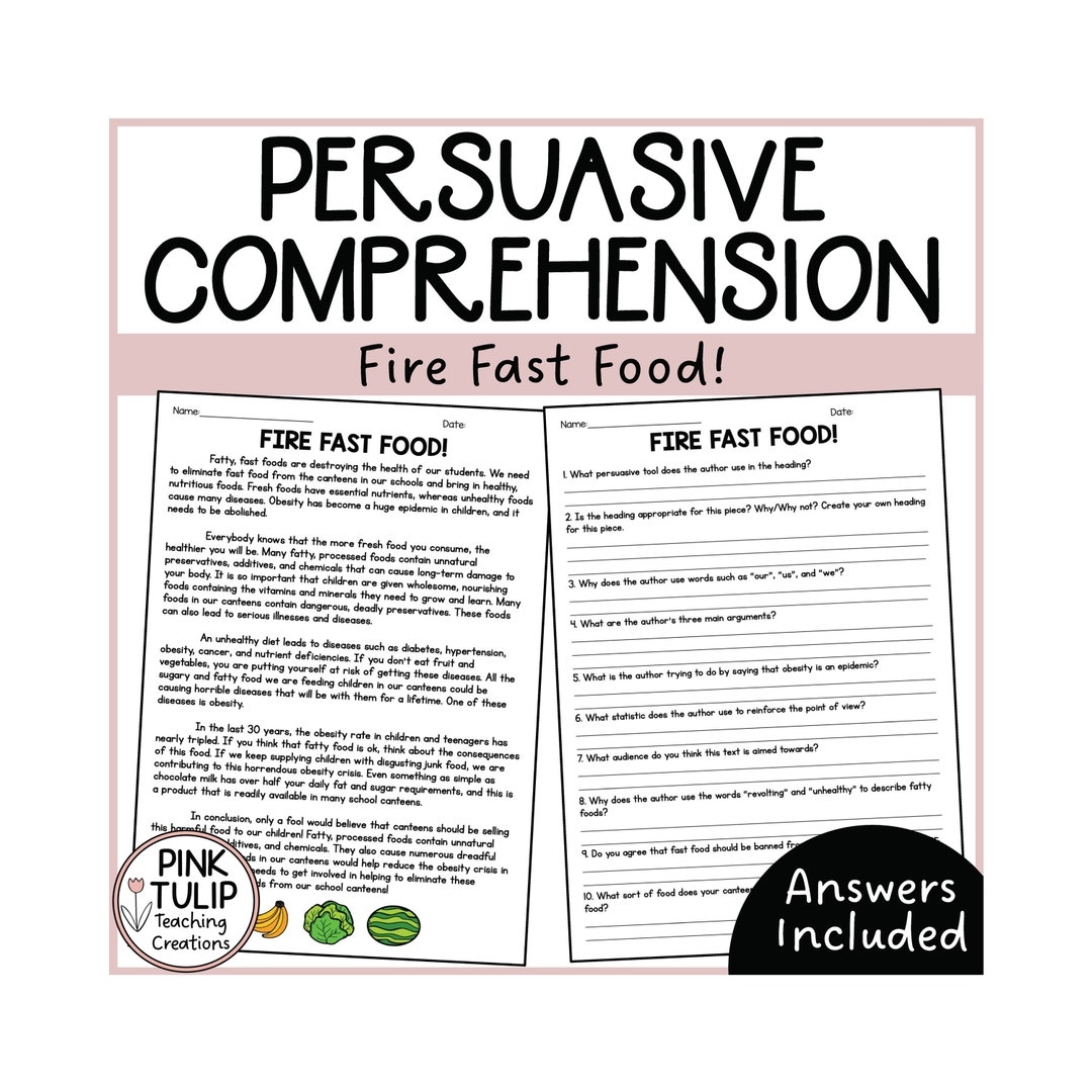 Persuasive Writing Comprehension Fire Fast Food Etsy