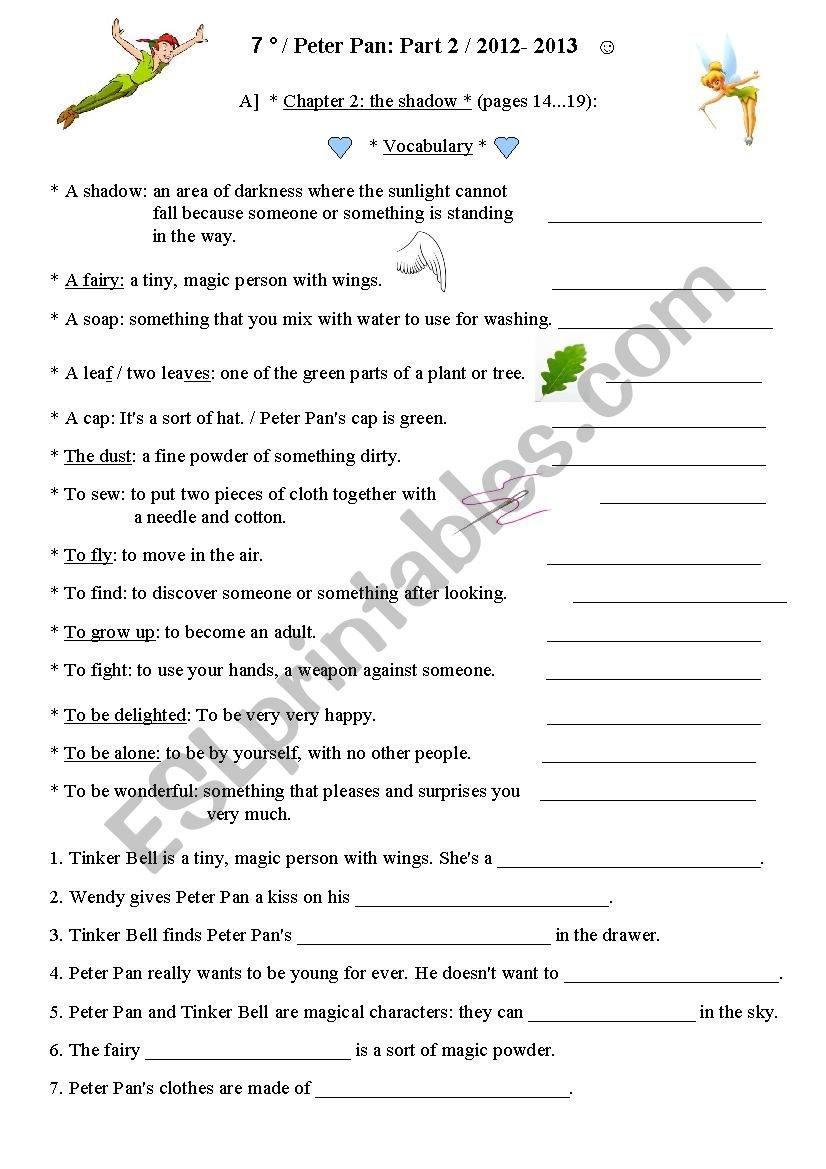 Peter Pan Chapter 2 Reading Comprehension ESL Worksheet By Jonquille