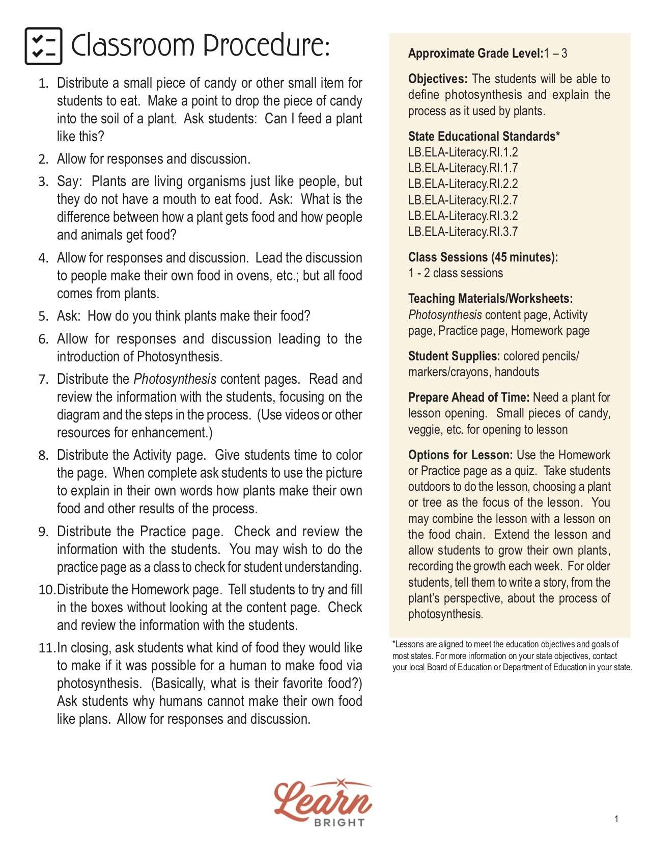 Photosyntheis Reading For Comprehension Worksheet Pdf