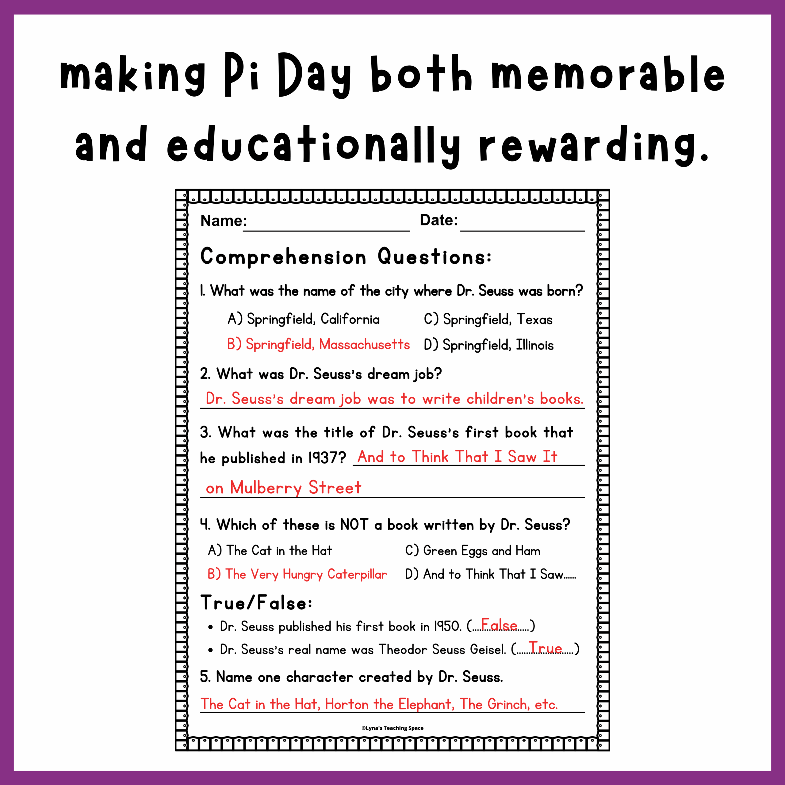 Pi Day Reading Comprehension Passages U0026 Questions 2 Levels
