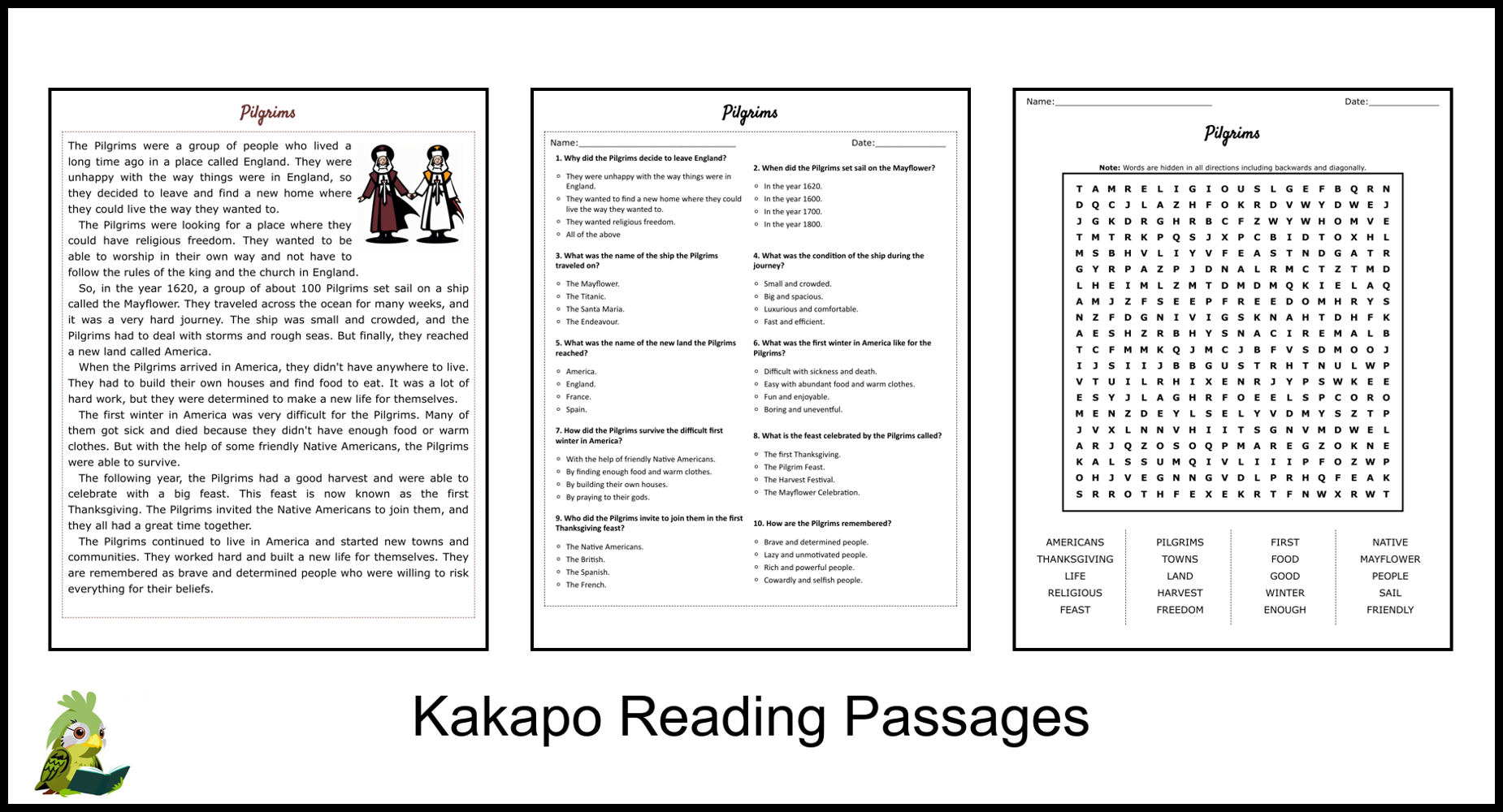 Pilgrims Reading Comprehension And Word Search Teaching Resources