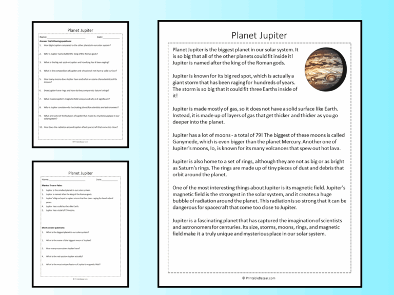 Planet Jupiter Reading Comprehension Passage Printable Worksheet Teaching Resources