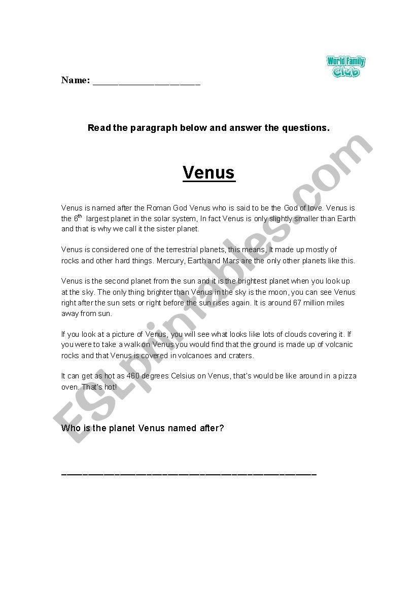 Planet Venus Reading Comprehension With Questions ESL Worksheet By Wfclub