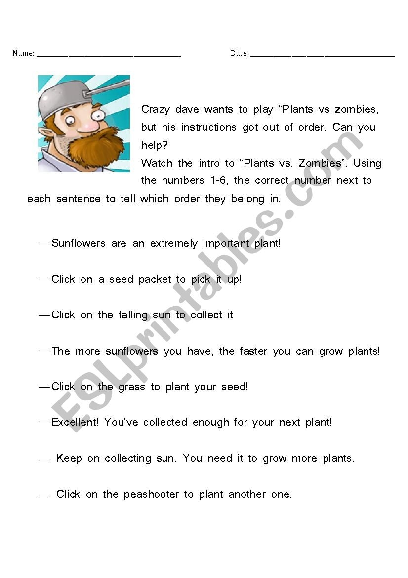 Plants Vs Zombies Ordering Worksheet ESL Worksheet By KBANAA