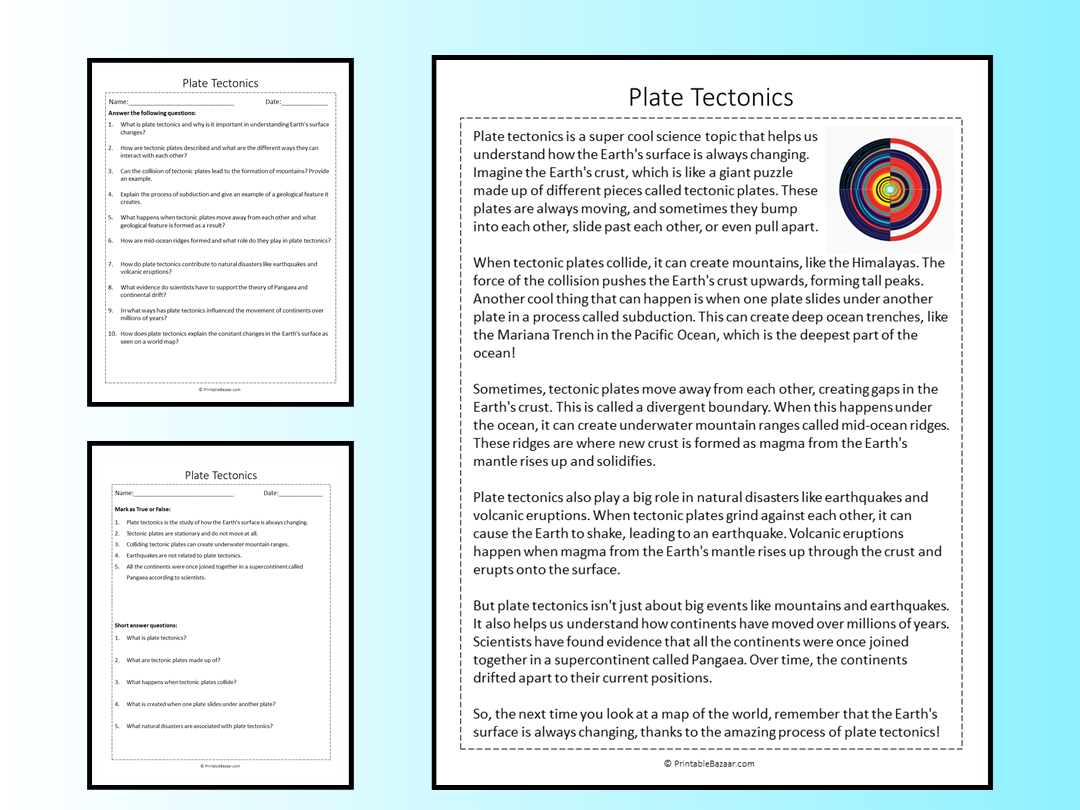 Plate Tectonics Reading Comprehension Passage Printable Worksheet Teaching Resources