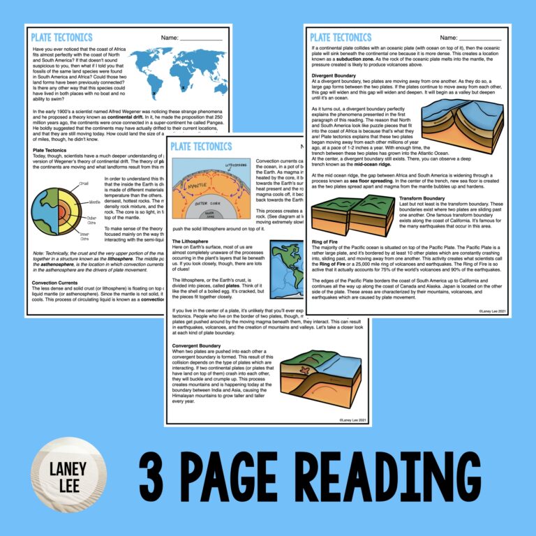 Plate Tectonics Reading Reading Comprehension Worksheets Laney Lee