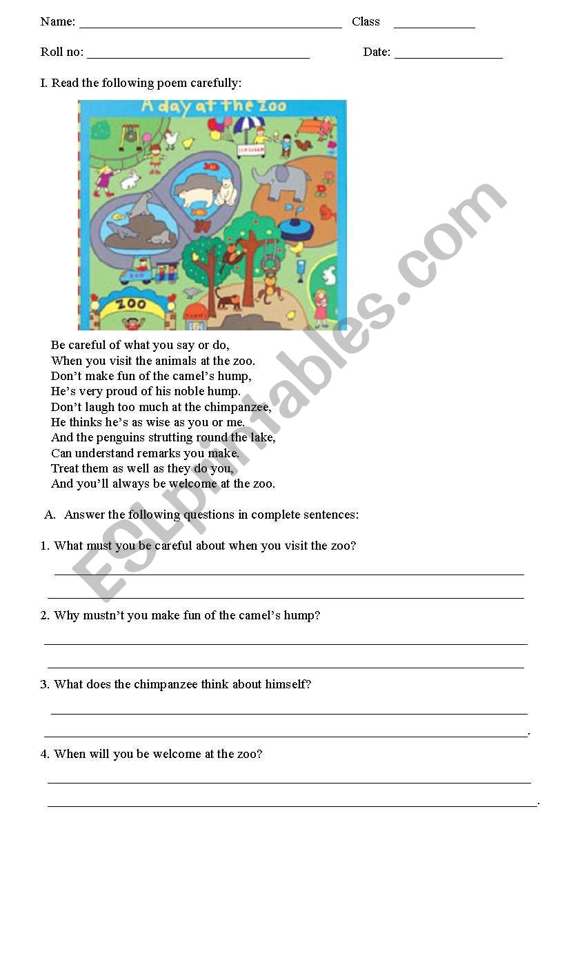 Poem Comprehension ESL Worksheet By Duapankaj1826 Worksheets Library