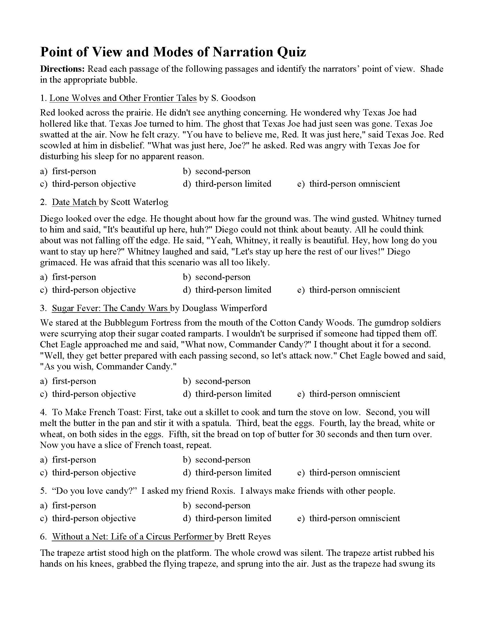 Point Of View Worksheets Reading Activities