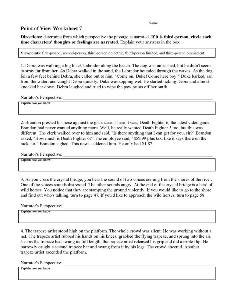 Point Of View Worksheets Reading Activities