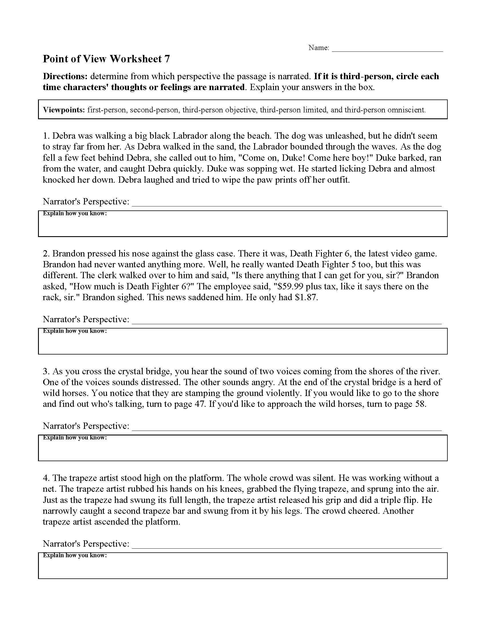 Point Of View Worksheets Reading Activities