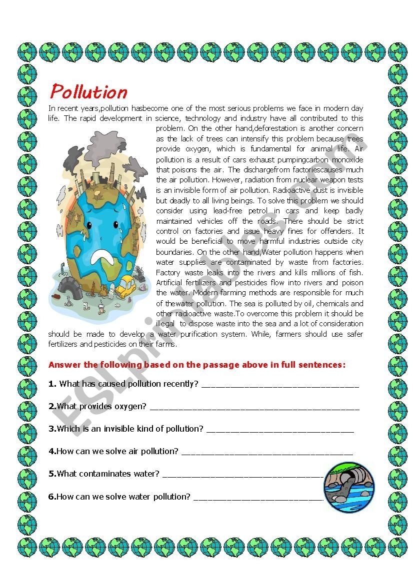 Pollution ESL Worksheet By Elle81