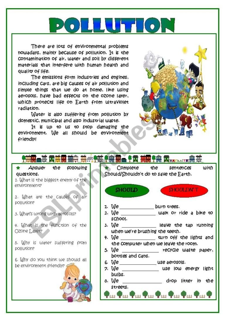 Pollution Reading Comprehension ESL Worksheet By Sarasantos