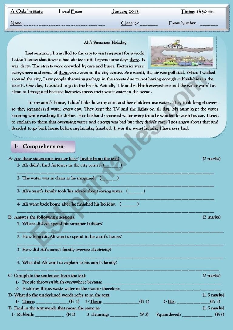 Pollution Reading Test Comprehension Language Writing ESL 