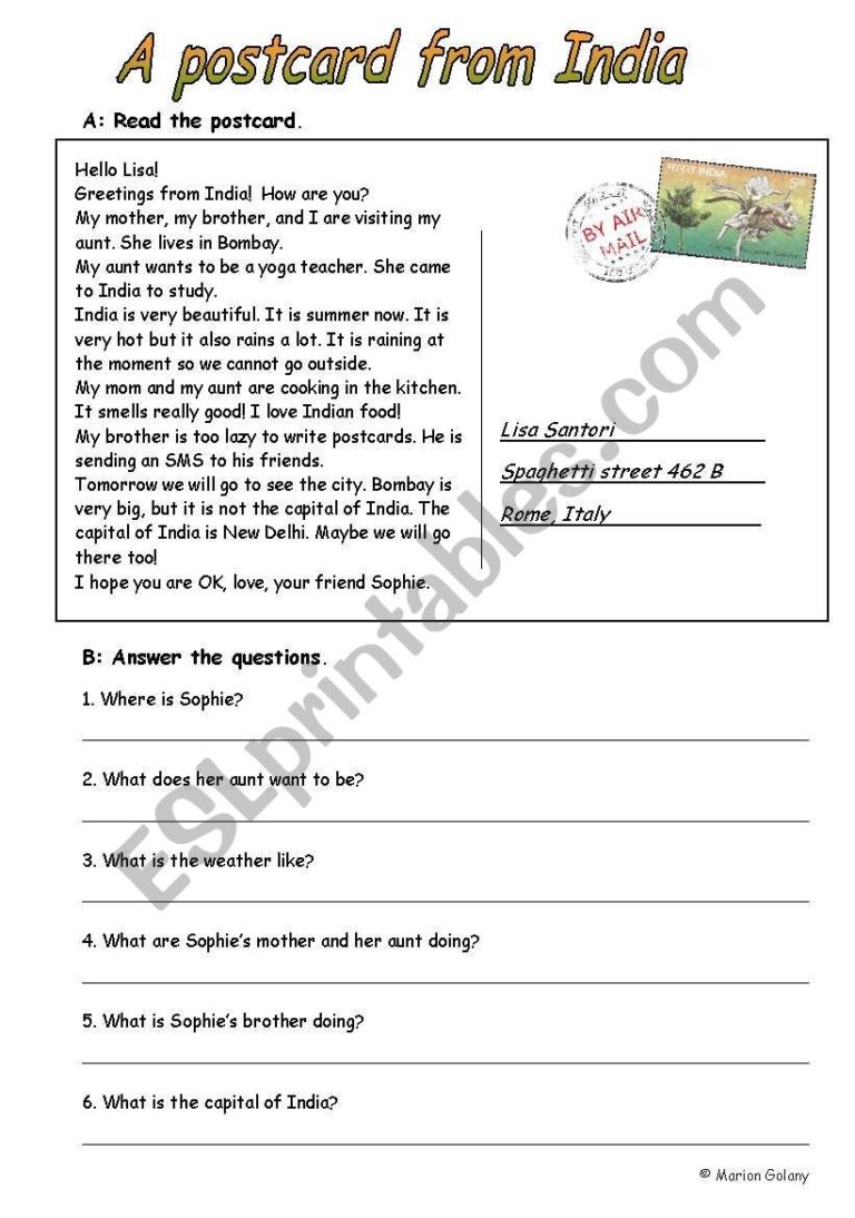 Postcard From India reading Comprehension ESL Worksheet By MarionG