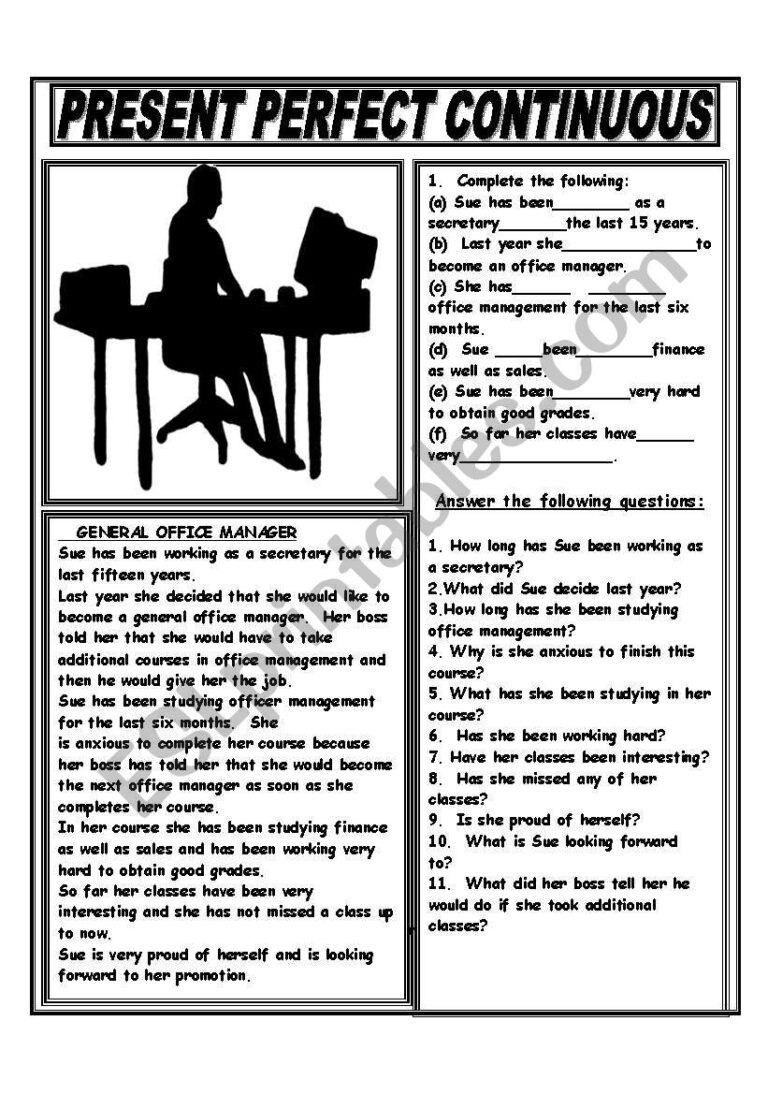 PRESENT PERFECT CONTINUOUS ESL Worksheet By GIOVANNI