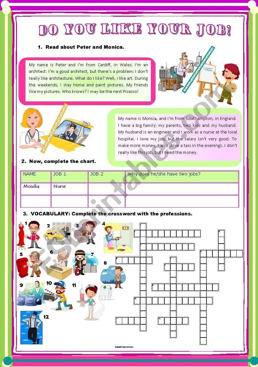 Professions Simple Present Reading Comprehension Plus Vocabulary Activity With Crossword ESL Worksheet By Samantha esl