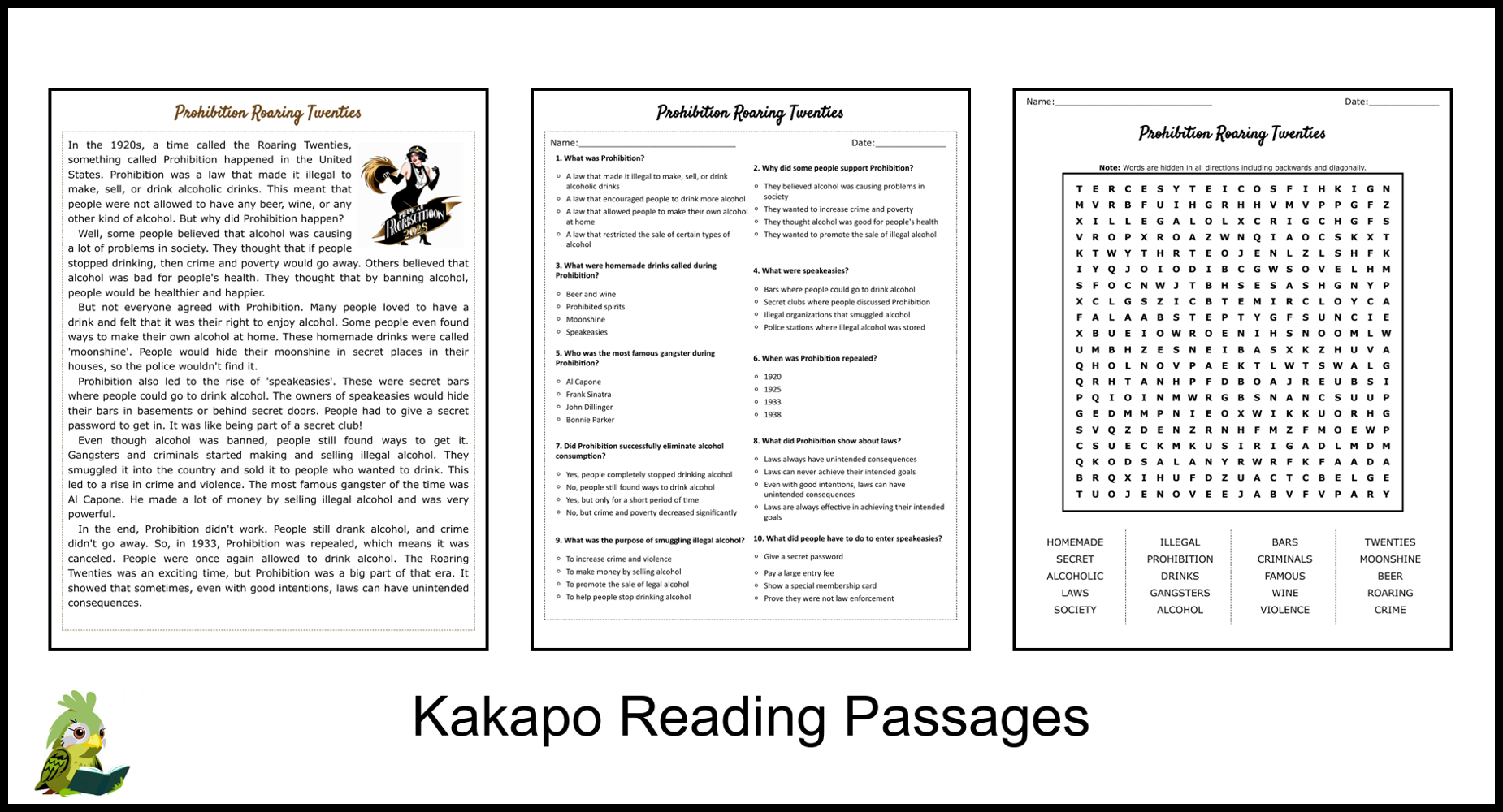 Prohibition Roaring Twenties Reading Comprehension And Word Search Teaching Resources