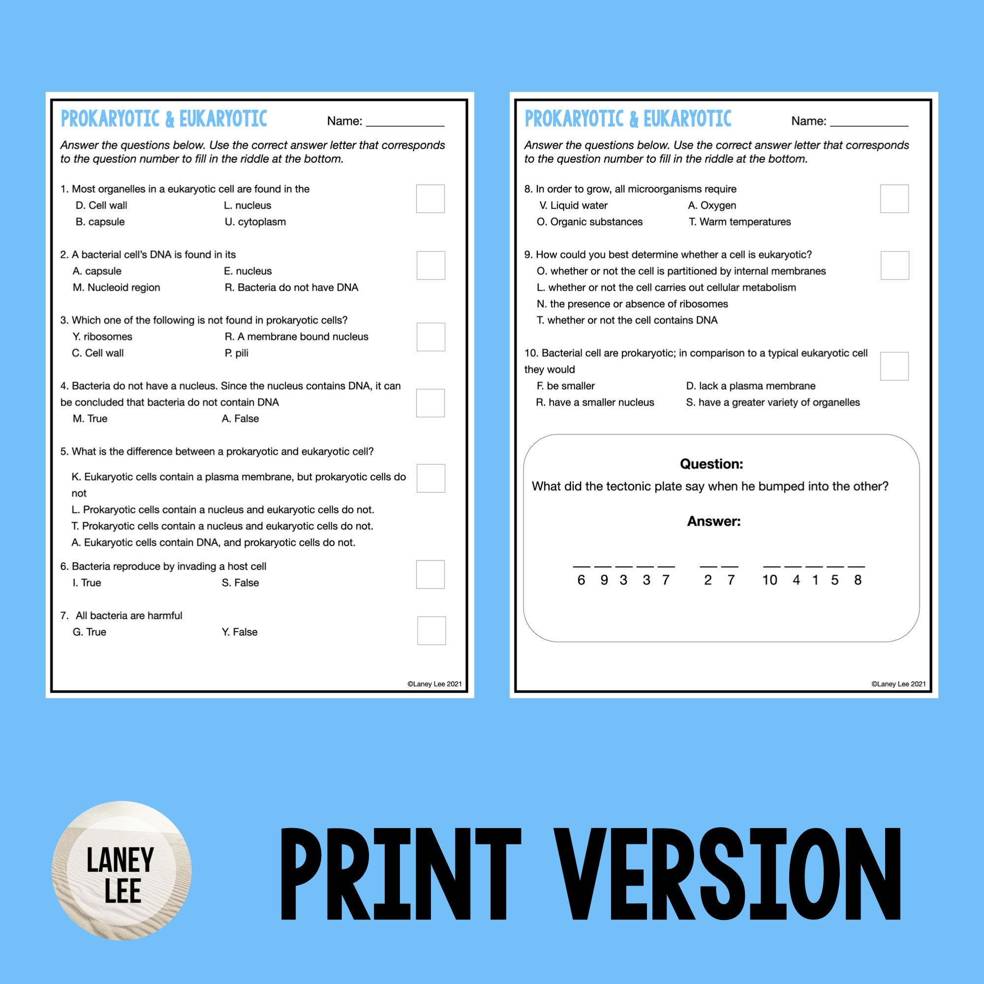 Prokaryotic Vs Eukaryotic Self Checking Practice Worksheet 