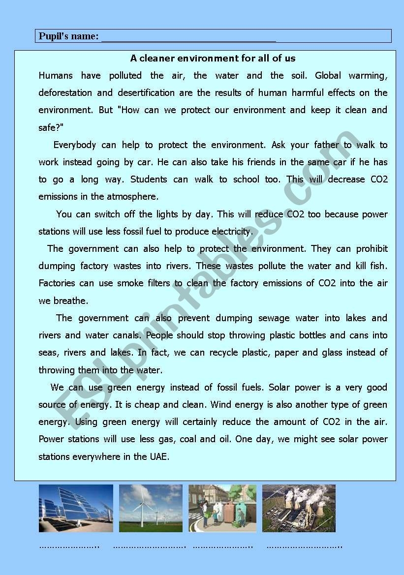 Protecting The Environemnt Reading Comprehension ESL Worksheet By Shmiskeen