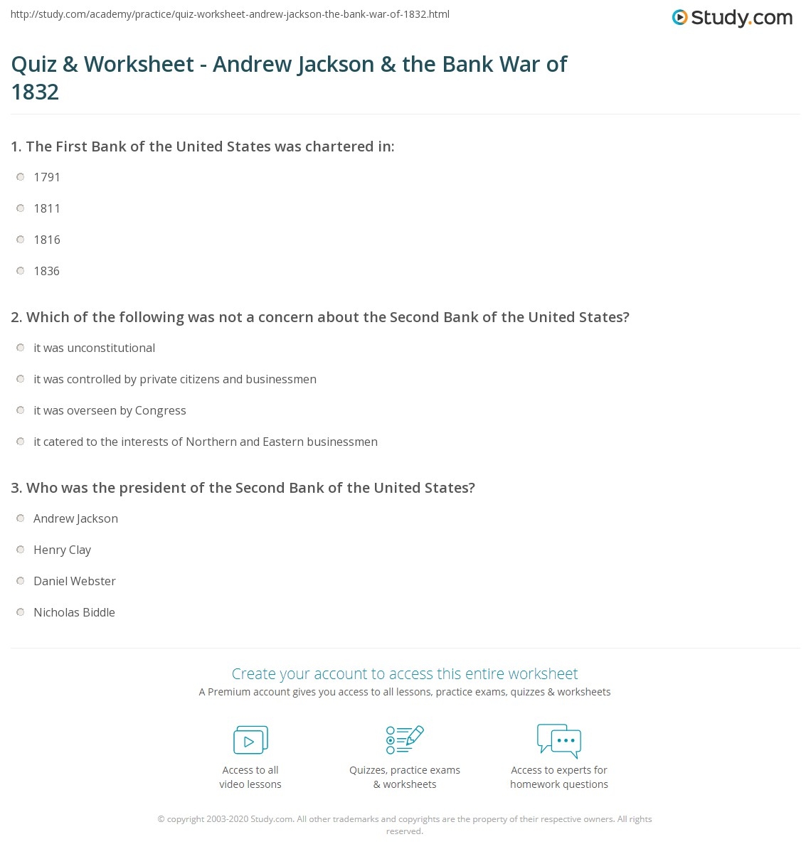 Quiz U0026 Worksheet Andrew Jackson U0026 The Bank War Of 1832 Study