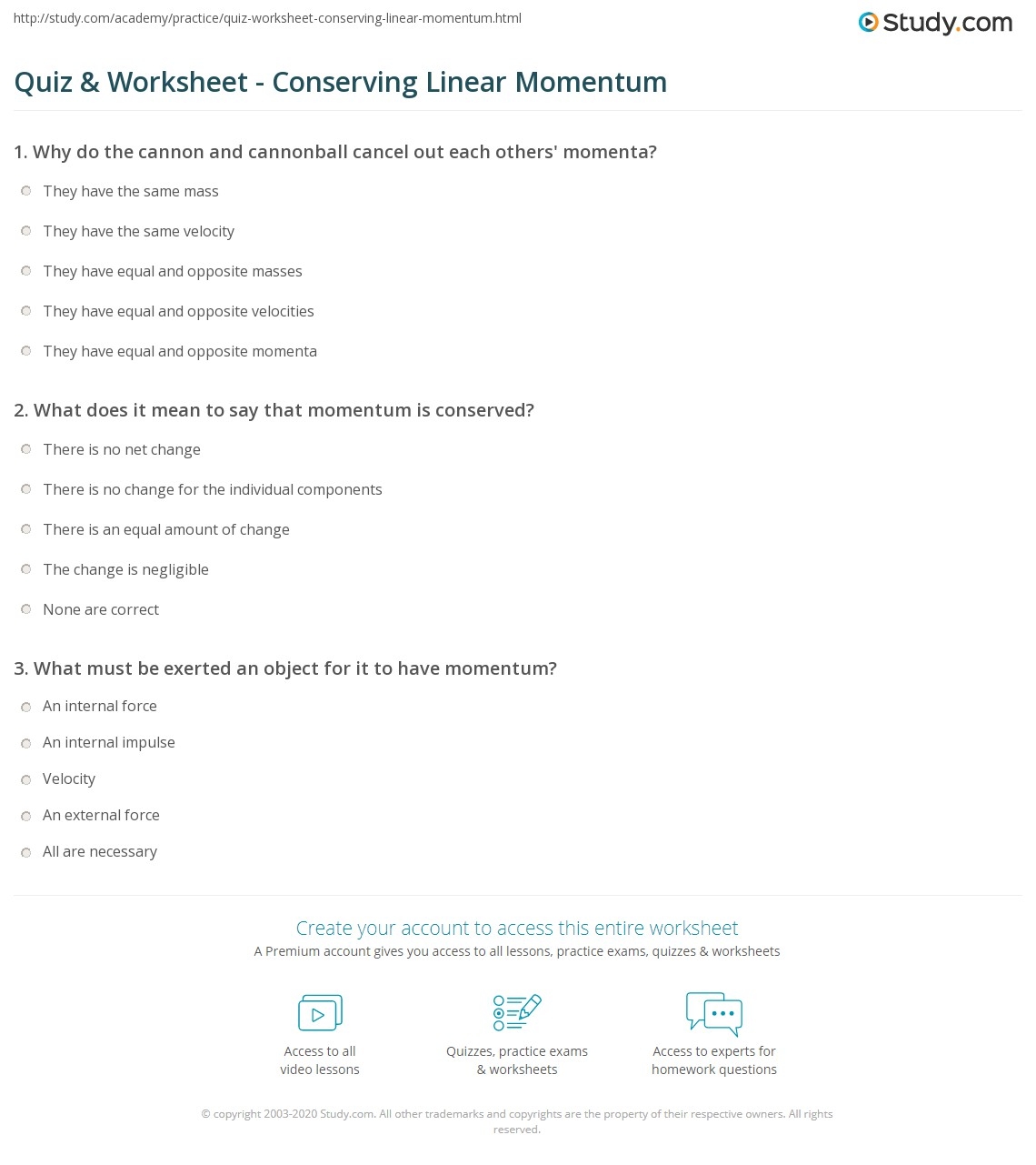 Momentum Reading Comprehension Worksheet
