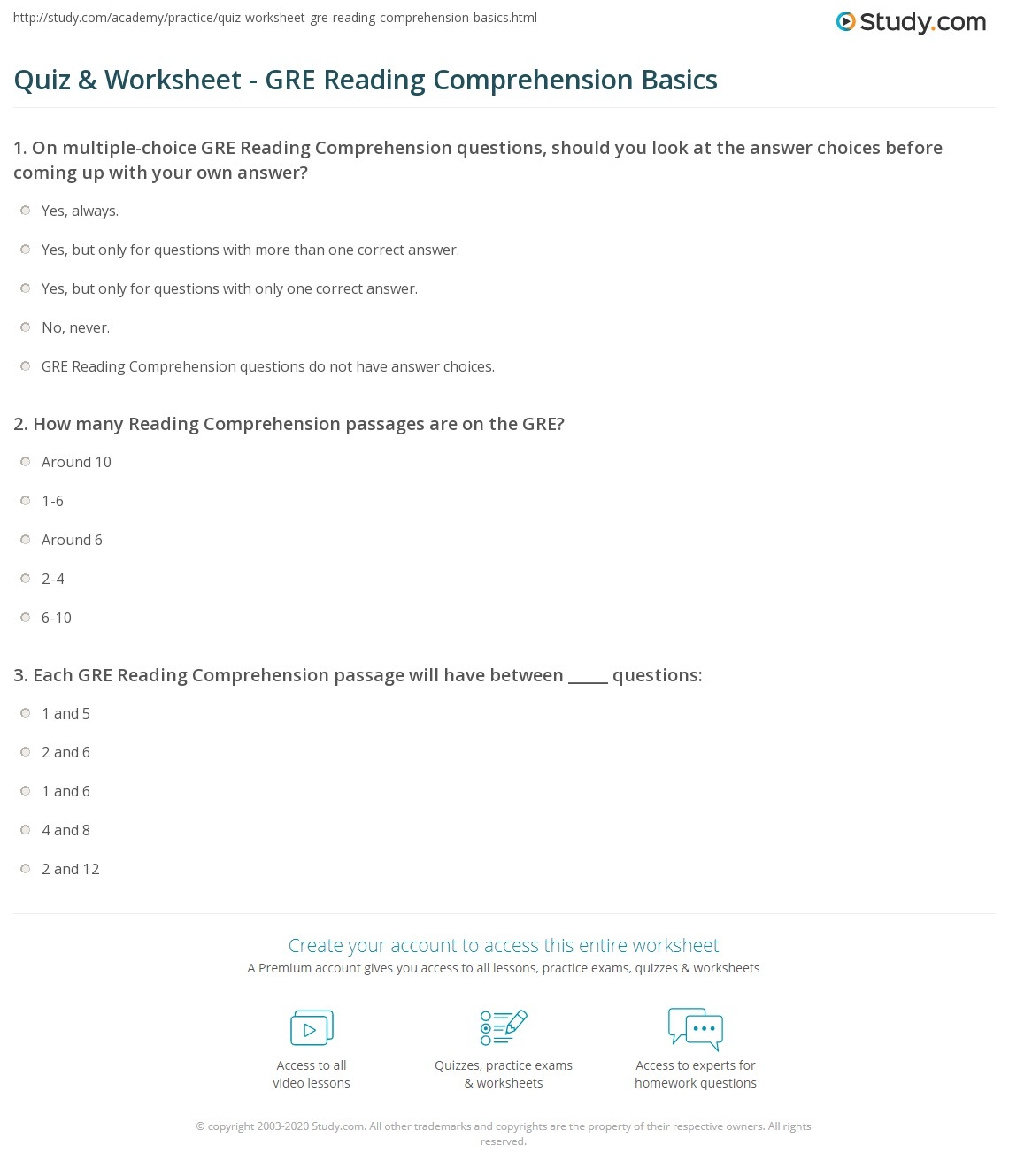 Quiz U0026 Worksheet GRE Reading Comprehension Basics Study