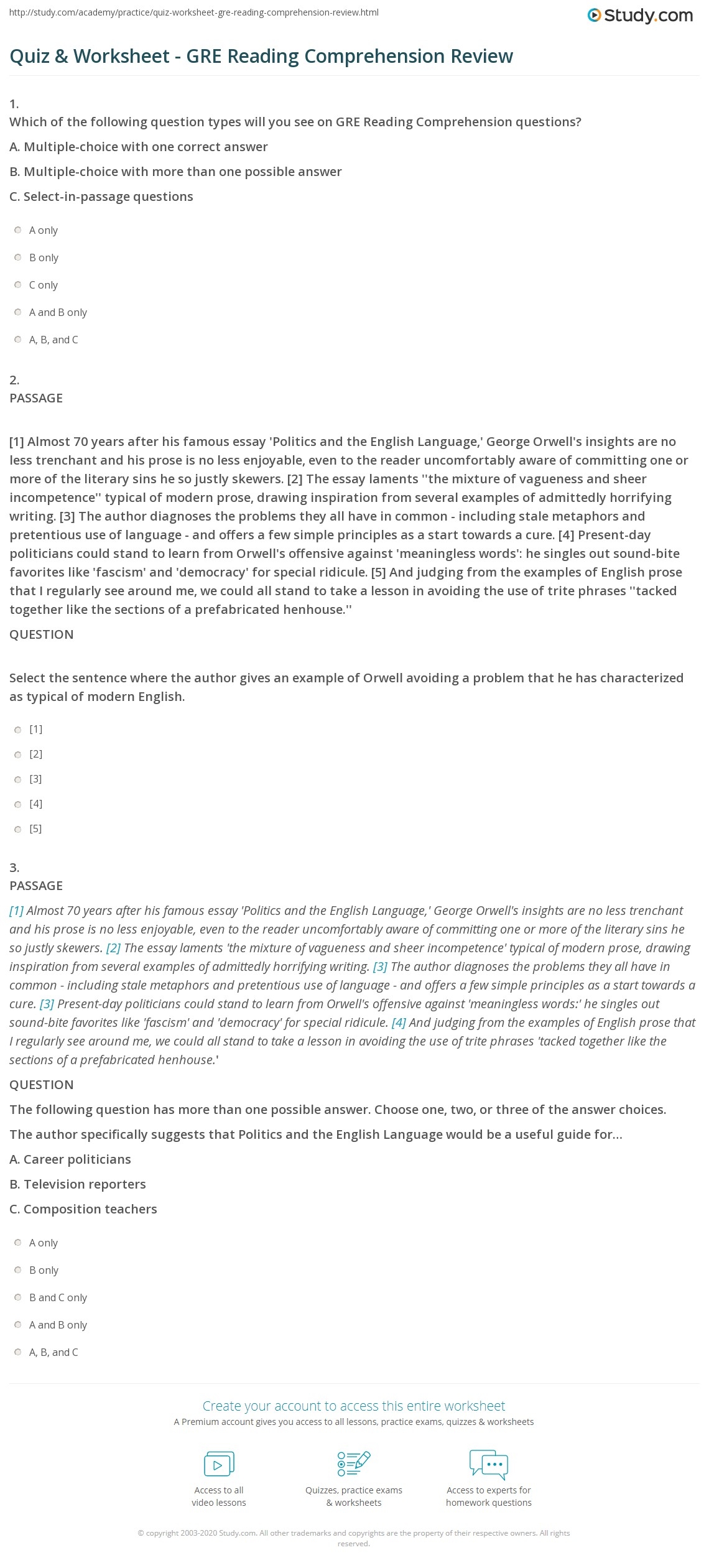 Quiz U0026 Worksheet GRE Reading Comprehension Review Study