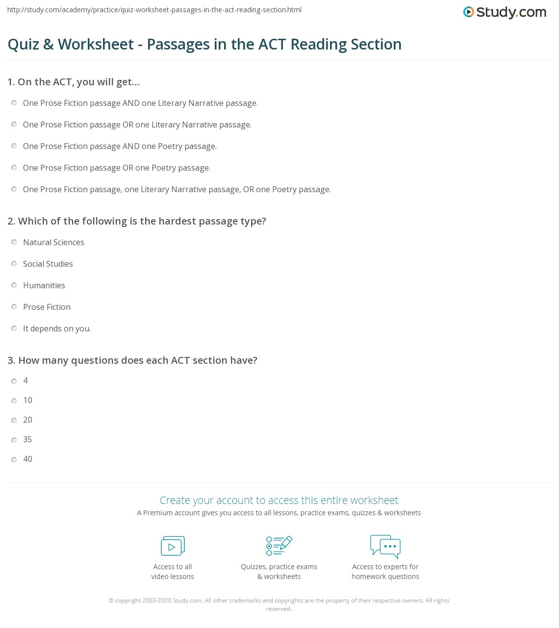 Quiz U0026 Worksheet Passages In The ACT Reading Section Study Worksheets Library