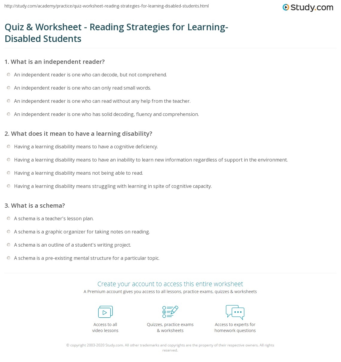 Quiz U0026 Worksheet Reading Strategies For Learning Disabled 
